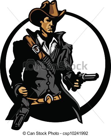 386x470 Cowboy Mascot Silhouette Aiming Guns. Graphic Mascot Image Eps