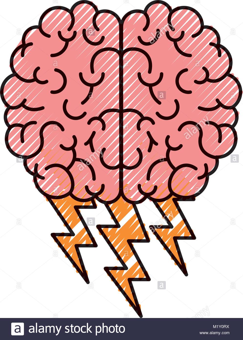 995x1390 Brain In Top View With Lightnings In Colored Crayon Silhouette