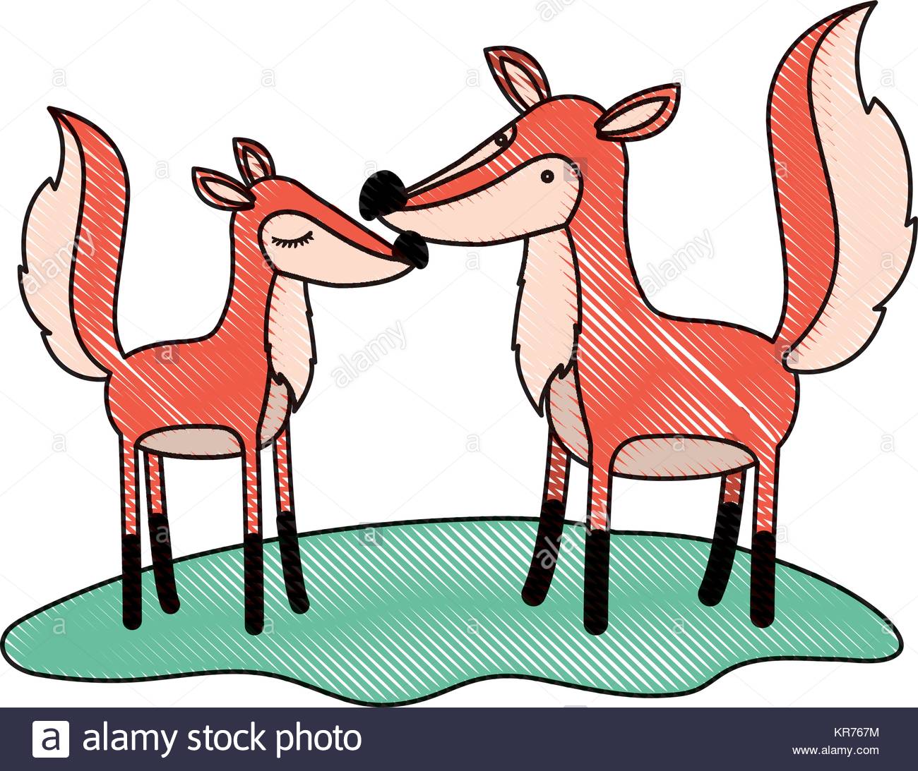 1300x1093 Fox Couple Over Grass In Colored Crayon Silhouette Stock Vector