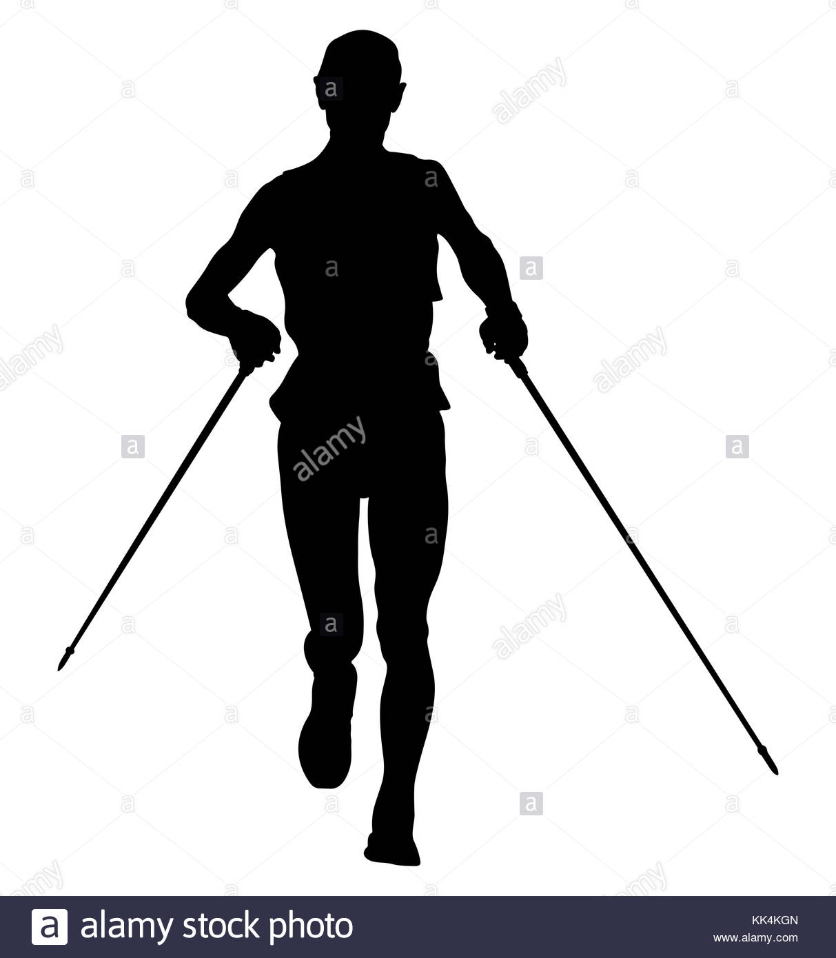 1213x1390 Athlete Runner Running With Trekking Poles Black Silhouette Stock