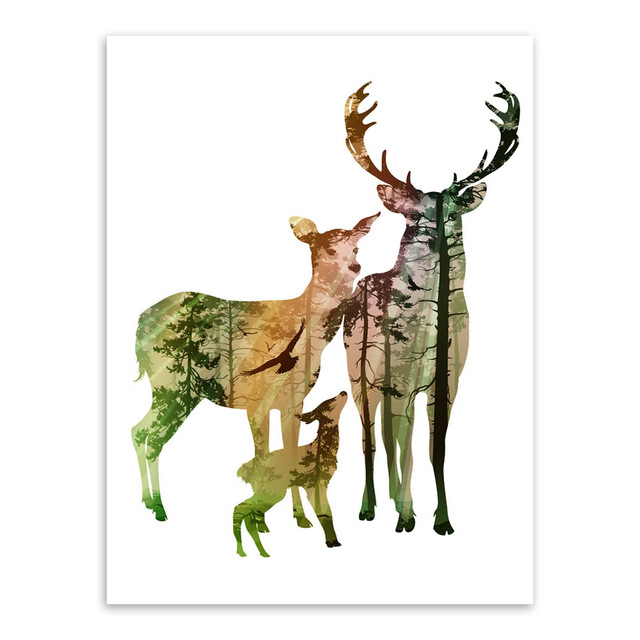 640x640 Modern Silhouette Of Deer Family With Pine Forest Canvas Painting
