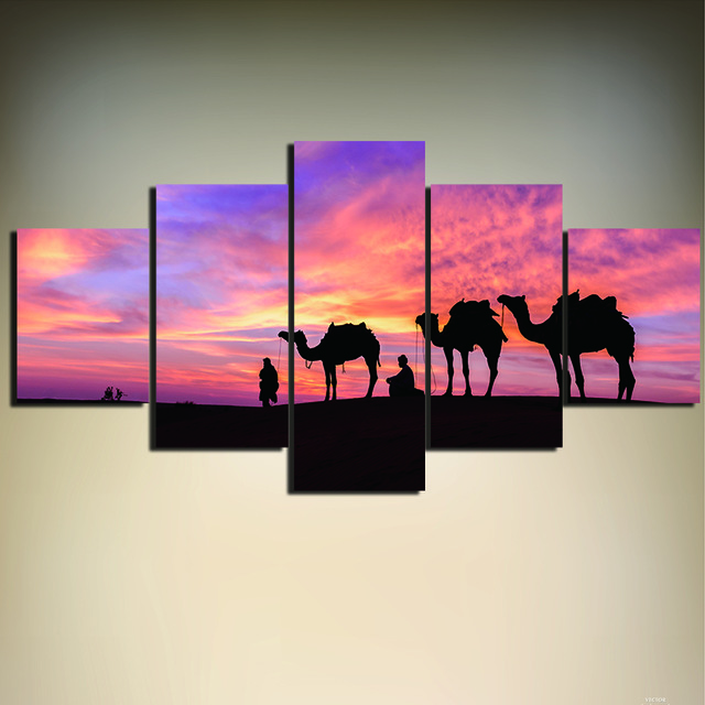 640x640 5 Pieces Sunset Desert And Camel Hd Printed Painting Modern Wall