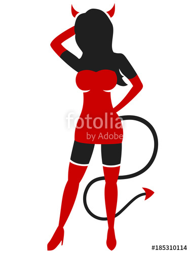 375x500 Devil Woman Wearing Red Dress, Silhouette On White Background