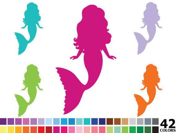 570x428 Rainbow Silhouette Mermaid Clipart Digital Vector Colorful