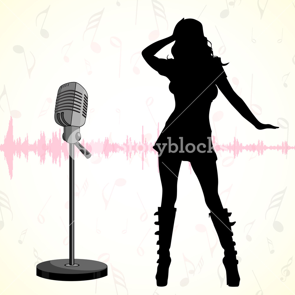1000x1000 Musical Concept With Silhouette Of Dancing Disco Girl And Mike