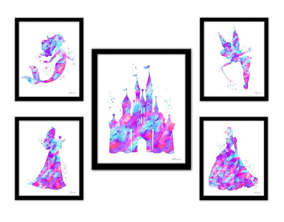 570x445 Disney Princess Art Set Princess Watercolor Art Pink Aqua