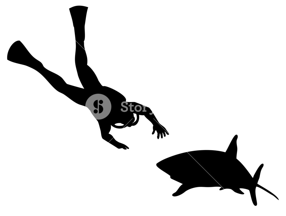 1000x756 Scuba Diver And Shark Silhouette Royalty Free Stock Image