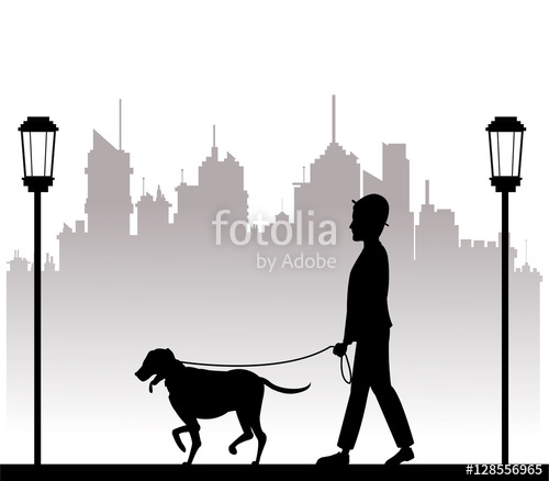 500x438 Silhouette Man With Dog Walking Park City Background Vector