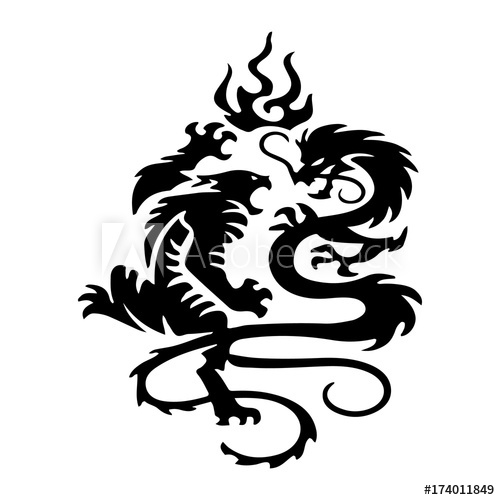 500x500 Black Silhouette Fighting Tiger And Dragon, Tattoo Isolated