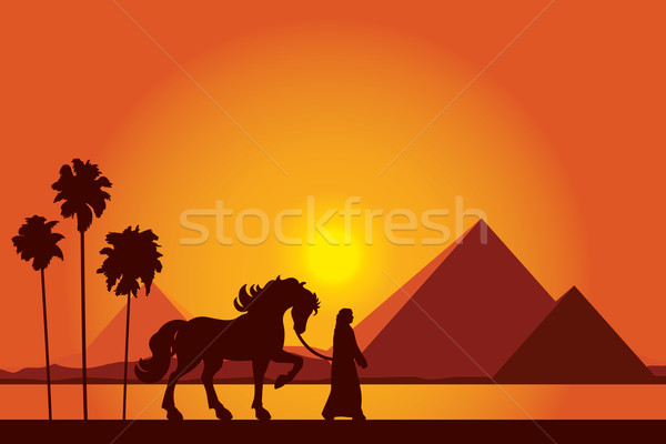 600x400 Egypt Great Pyramids With Silhouette Of Bedouin And Horse On Sun