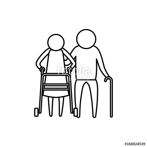 500x500 Sketch Silhouette Of Pictogram Elderly Couple With Walking Sticks