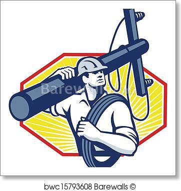 362x382 Art Print Of Power Lineman Repairman Carry Electric Pole