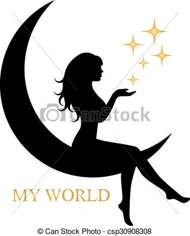 379x470 Elegant Girl Sitting On The Moon. Pretty Silhouette Of A Vector
