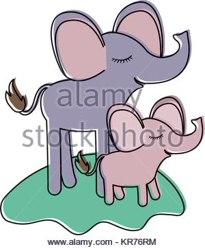 300x363 Cartoon Couple Elephants And Calf Over Grass In Watercolor