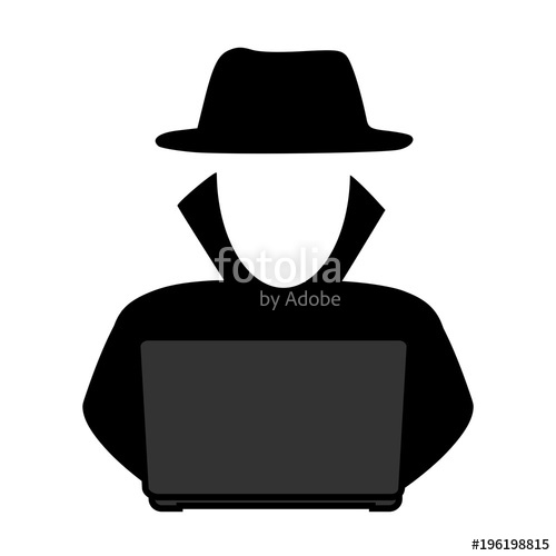 500x500 Simple, Grey Scale Hacker In Front Of A Laptop Icon. Silhouette