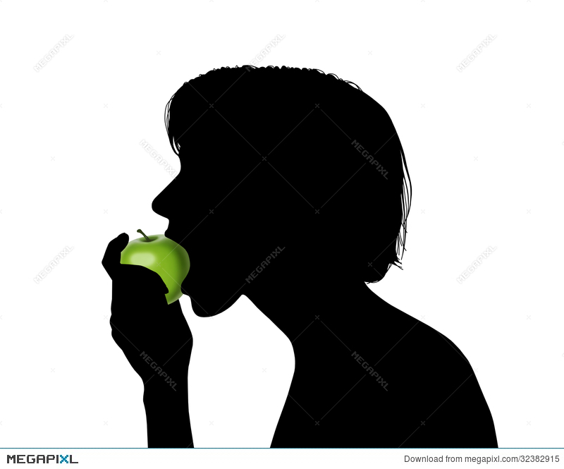 800x665 Woman Eating A Green Apple Silhouette Illustration 32382915