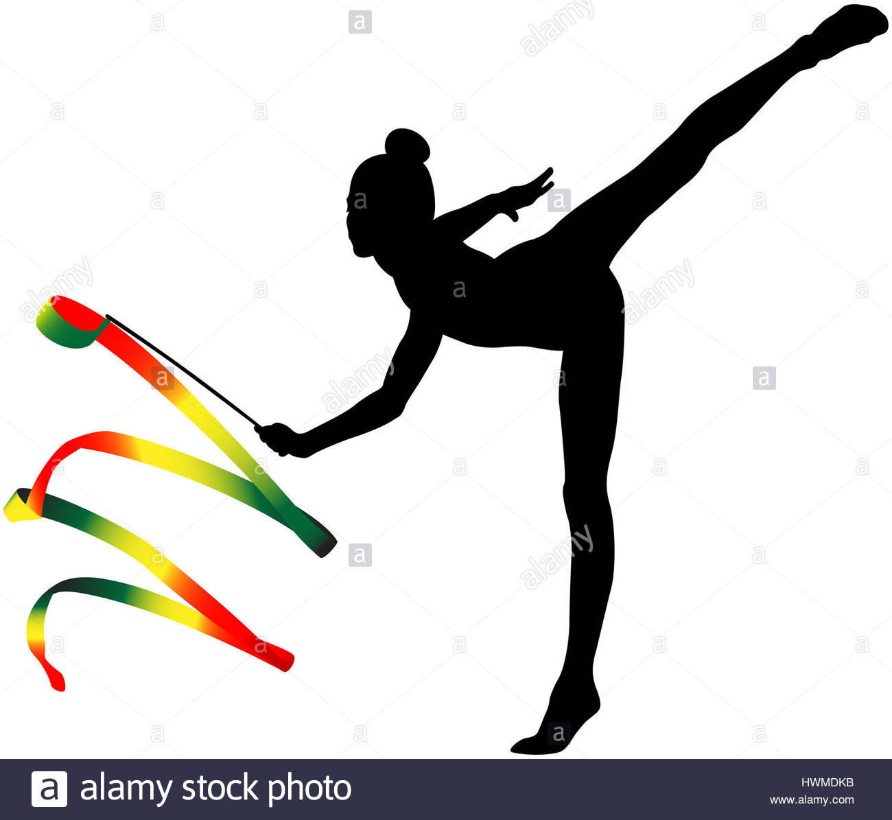 1300x1195 Girl Gymnast Black Silhouette And Color Ribbon For Rhythmic Stock