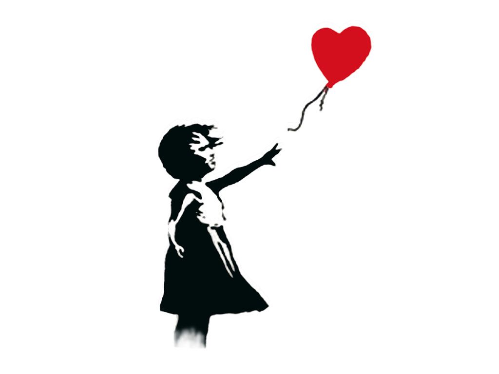 1024x768 Black And White Drawing With One Red Heart Balloons