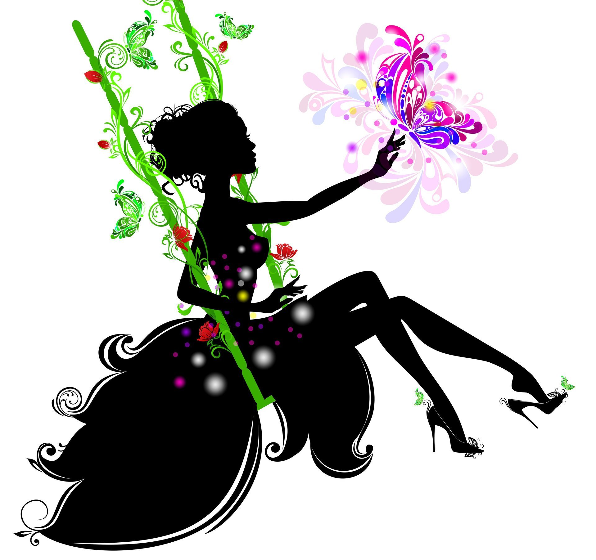 1920x1805 Girl Silhouette Dress Swing Hands Eyelash Hand Flower Butterfly