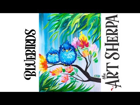 480x360 Easy Acrylic Painting Happy Blue Bird Mama And Baby With Flowers