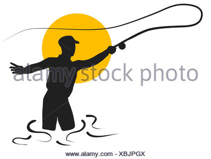 424x320 Fly Fishing. Silhouette Of Man Isolated On White Background Stock