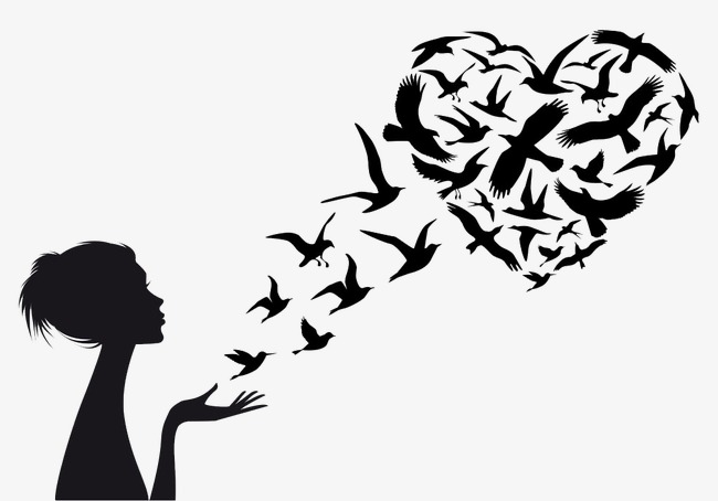 650x454 Silhouette Flying Birds, Girl, Sketch, Heart Shaped Png Image