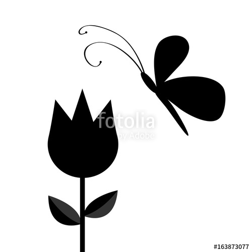 500x500 Tulip Flower With Leaf And Flying Butterfly Insect Black