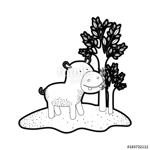 500x500 Hippopotamus Cartoon In Forest Next To The Trees In Black