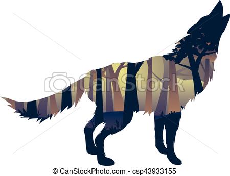 450x345 Wolf Howling With Forest. Silhouette Of The Wolf Howling