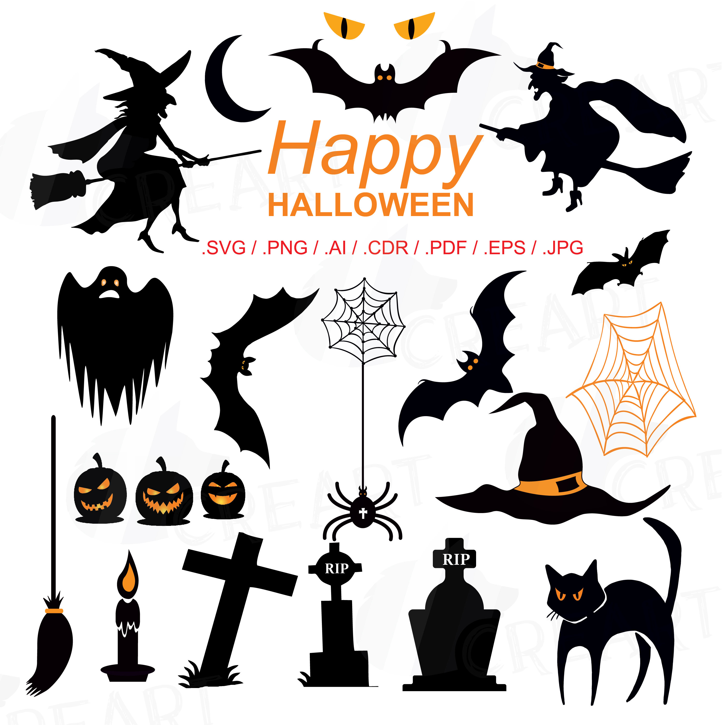 3000x3000 Halloween Clipart Pack, Witch Clip Art, Bats And Spyders