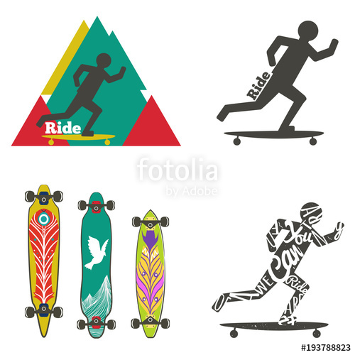 500x500 Vector Set Of Labels And Logos With Longboards. Silhouette Of Man