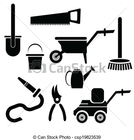 450x470 Illustration With Garden Tools Silhouettes On A White Vectors