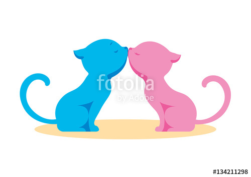 500x353 Two In Love, Enamored Cats, Boy And Girl Kissing. Blue And Pink
