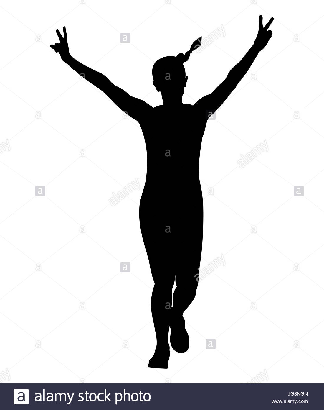 1100x1390 Girl Running Hand Peace Symbols Black Silhouette Stock Photo
