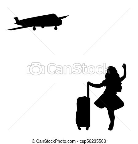 450x470 Silhouette Girl Standing With Suitcase Waiting For Plane . Clip