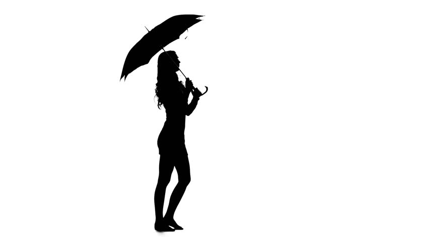 852x480 Woman Opened The Umbrella. White Background. Silhouette Stock
