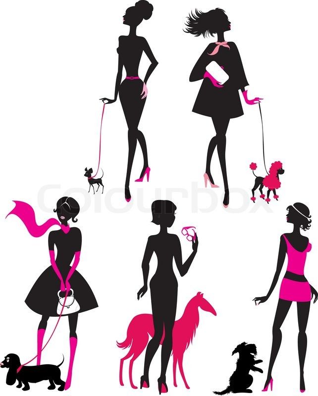 642x800 Girls Walking Dog Silohuete Set Black Silhouettes