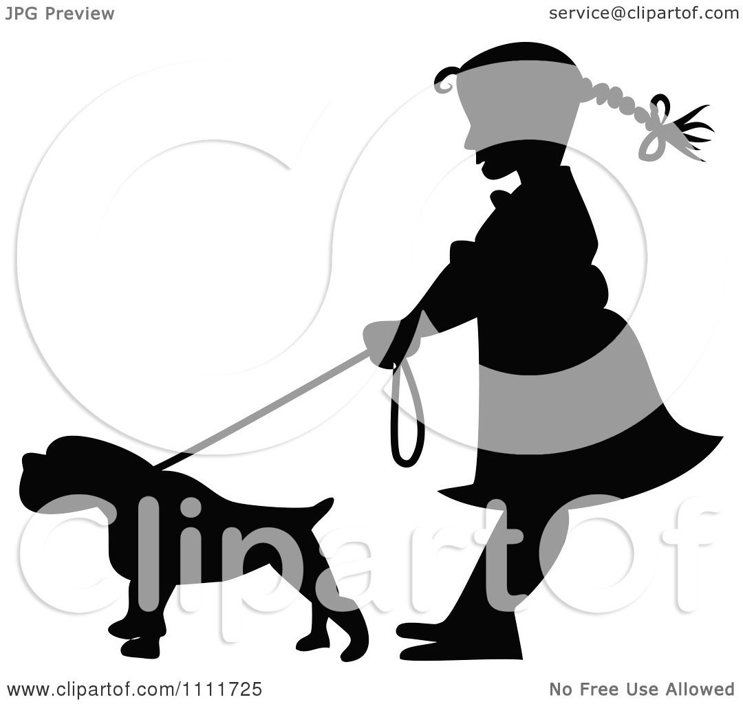 1080x1024 Clipart Silhouetted Girl With A Dog On A Leash In Black And White
