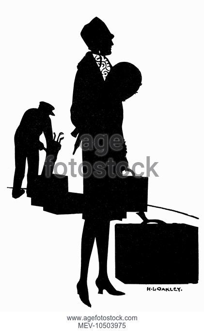 421x680 Silhouette Of A Woman With Suitcase, Stock Photo, Picture