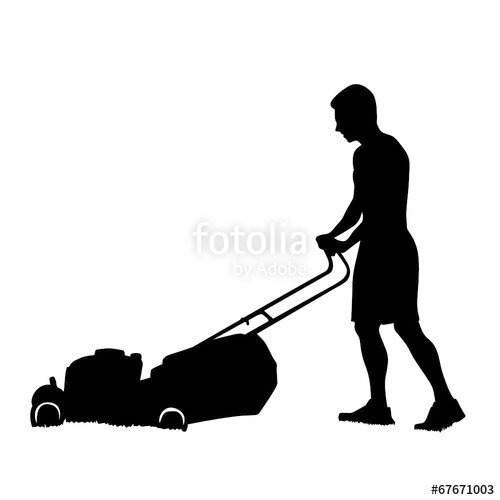 500x500 Man Cutting The Grass With Lawn Mower Vector Silhouette Stock