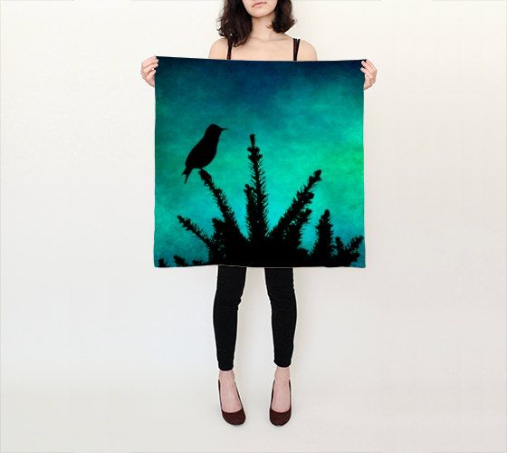 560x500 Women's Art Silk Scarf Teal Bird Silhouette By Sylviacphotography