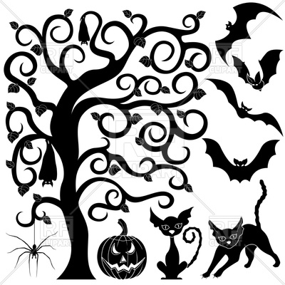 400x400 Halloween Black Silhouettes Set Of Bats, Cats, Pumpkin And Spider