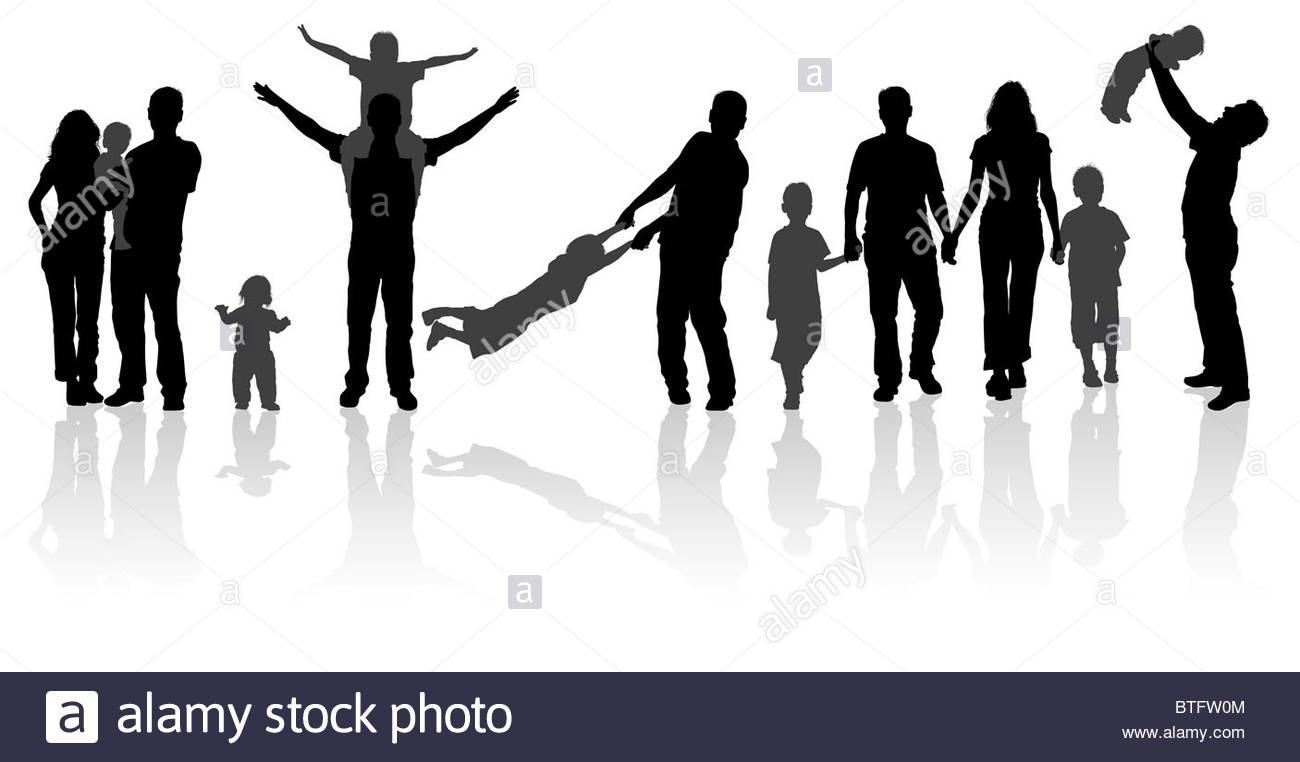1300x762 Silhouette Happy Family On Walk In Action, Vector Illustration