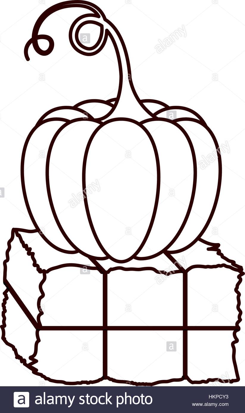 823x1390 Monochrome Silhouette With Bale Of Hay And Pumpkin Vector Stock