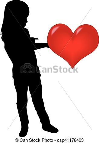 328x470 Silhouette Of A Girl With A Heart. Vector Clipart