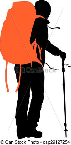 233x470 Vector Backpacker. Trekker Vector Silhouette With Orange