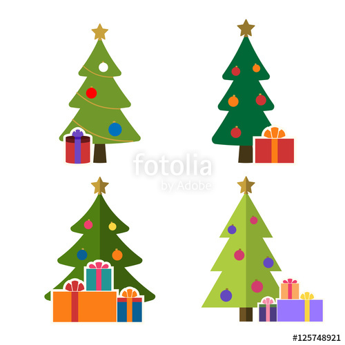 500x500 Christmas Tree Cartoon Icons Set. Green Flat Silhouette Decoration
