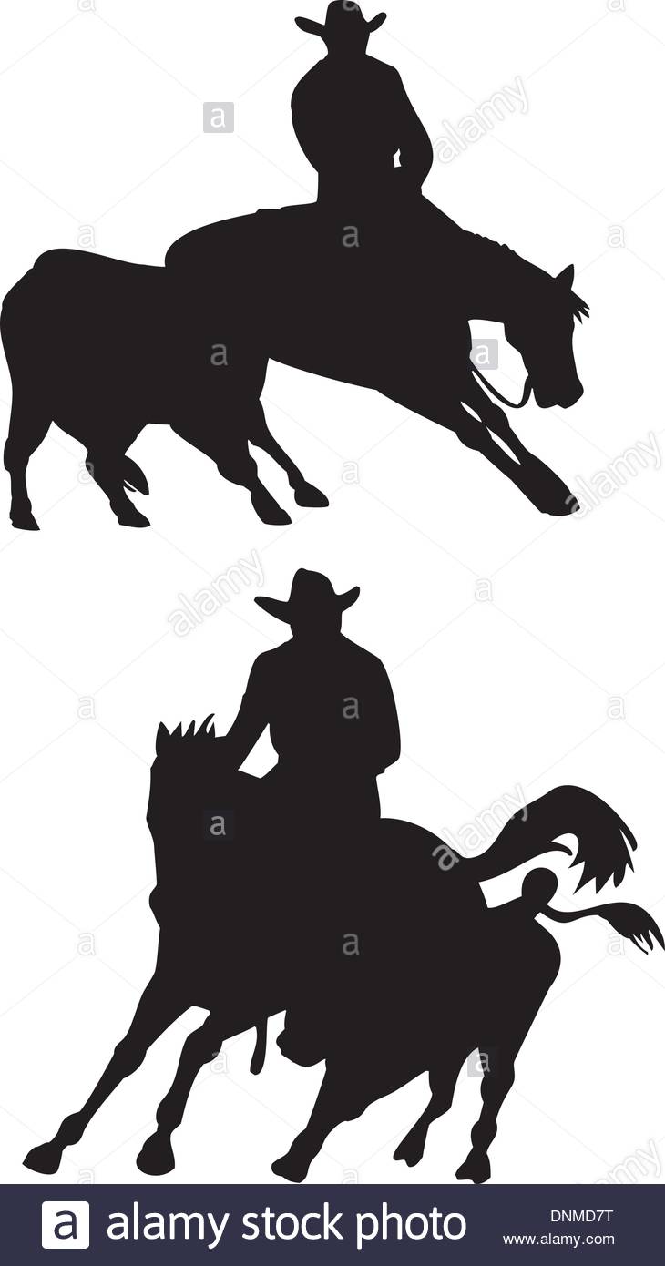 730x1390 Illustration Of Rodeo Cowboy Riding Horse And Calf Silhouette
