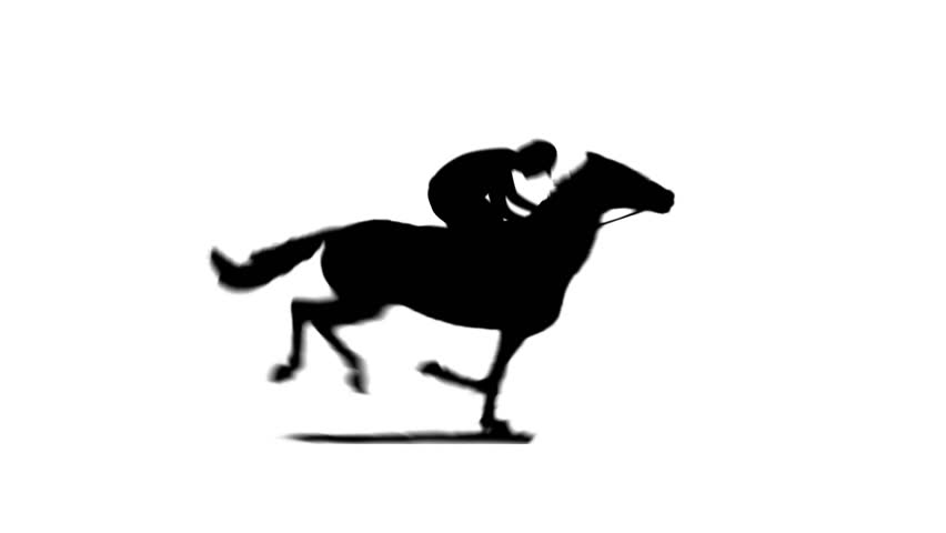 852x480 Horse Running Silhouette With Jockey. Seamless Loop. Black