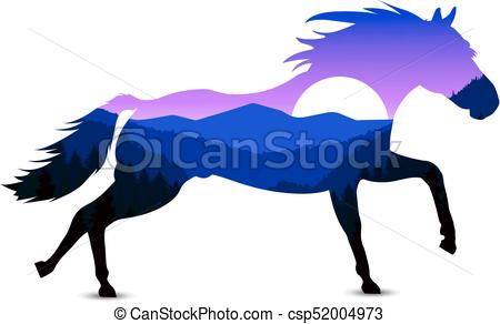 450x292 Silhouette Of Horse With Mountain Landscape. Blue Tones. Vectors